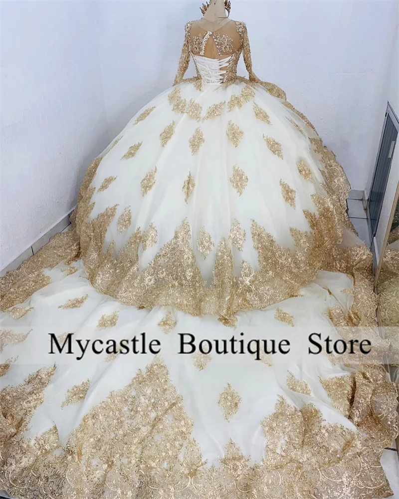 Vestidos De princesa champán para quinceañera, manga larga, vestido De baile, apliques De perlas, dulce 16, 15 Años, 2023