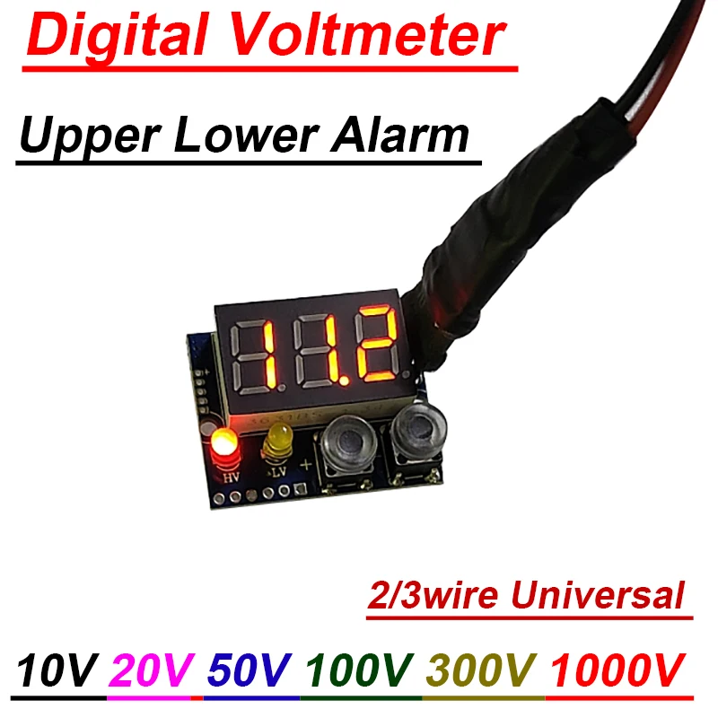 LED Digital Voltmeter DC 10V 50V 100V 300V 1000V Upper lower Alarm f/ 5V 12V 24V BMS Battery Overvoltage undervoltage protection