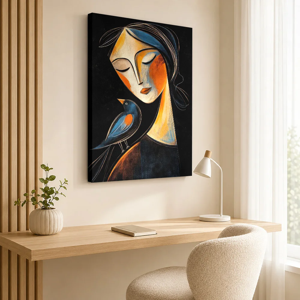Woman With Bird Framed Canvas Print Customized Photo Illustrated Wall Art For Modern Apartment Lounge, Interior Stylist Gift