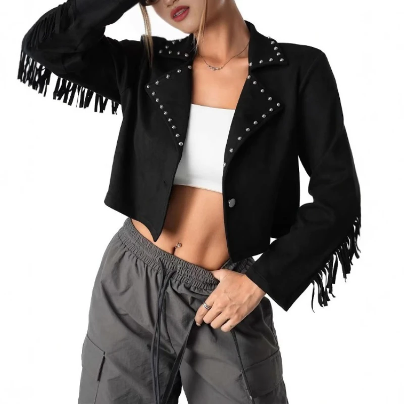 

Women Autumn Beading Rivet Cowboy Button Short Tassel Jacket Single Breasted Bright Lined Coat Lapel Winter Vintage