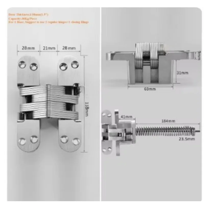 1Piece Mortise Invisible Inset Hinge With Spring Door Closer Brushed Steel Matte Black