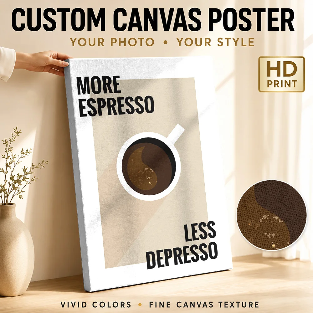 Espresso Less Depresso Coffee Quote Canvas Print Customized Photo Retro Graphic Wall Art For Breakfast Nook, Cafe Owner Gift