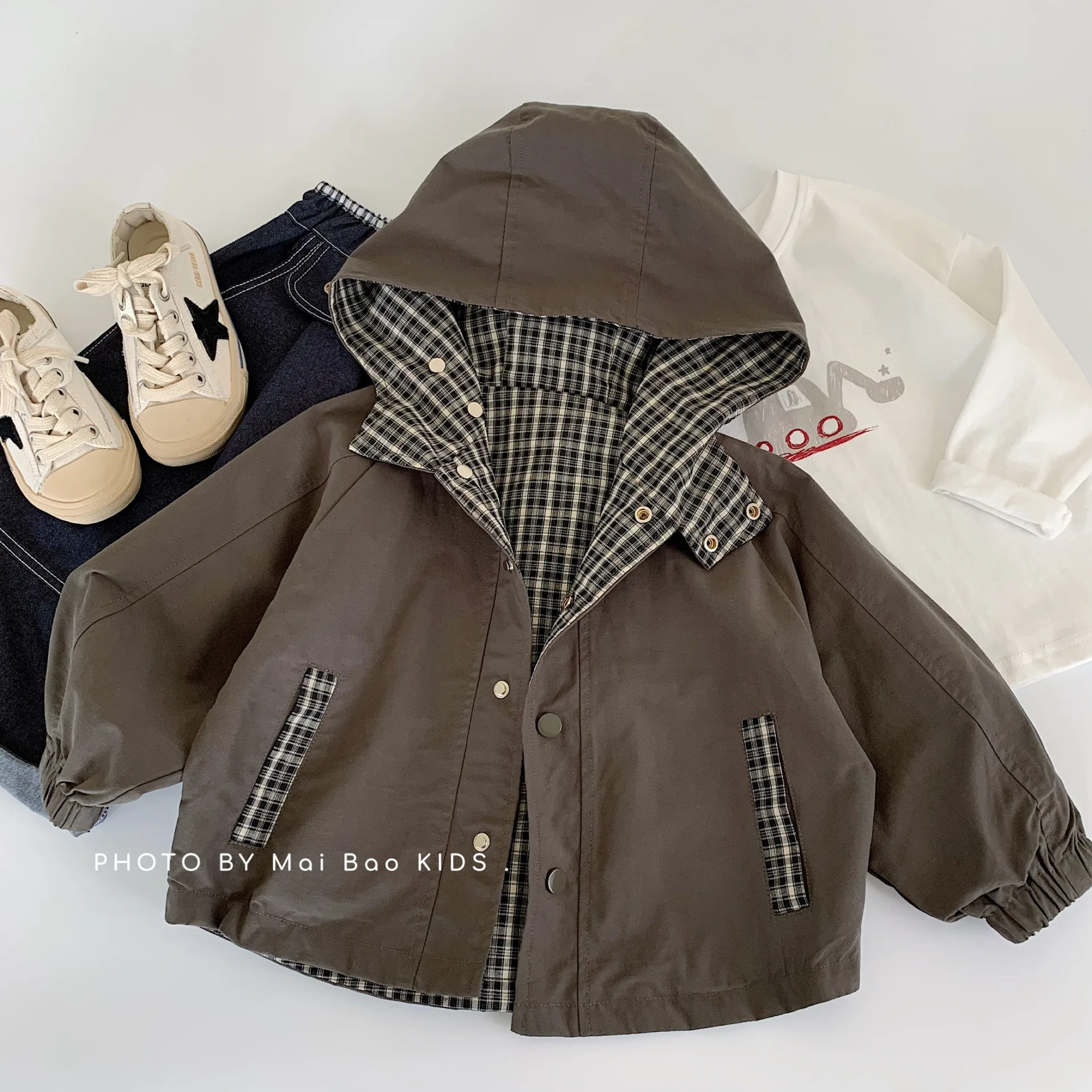 

Children's Coat 2025 Autumn New Style Boys' Two sided Hooded Jacket Top