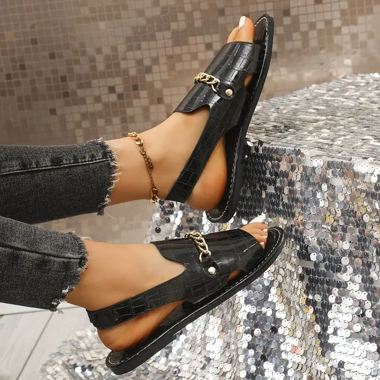 Damen Glitzer-Gold-Pantoletten Sommer Metallic Strukturierte Sandalen mit Ketten-Dekor Große Größen Offene Zehen Flache Slides Damen-Hausschuhe – Detail 11