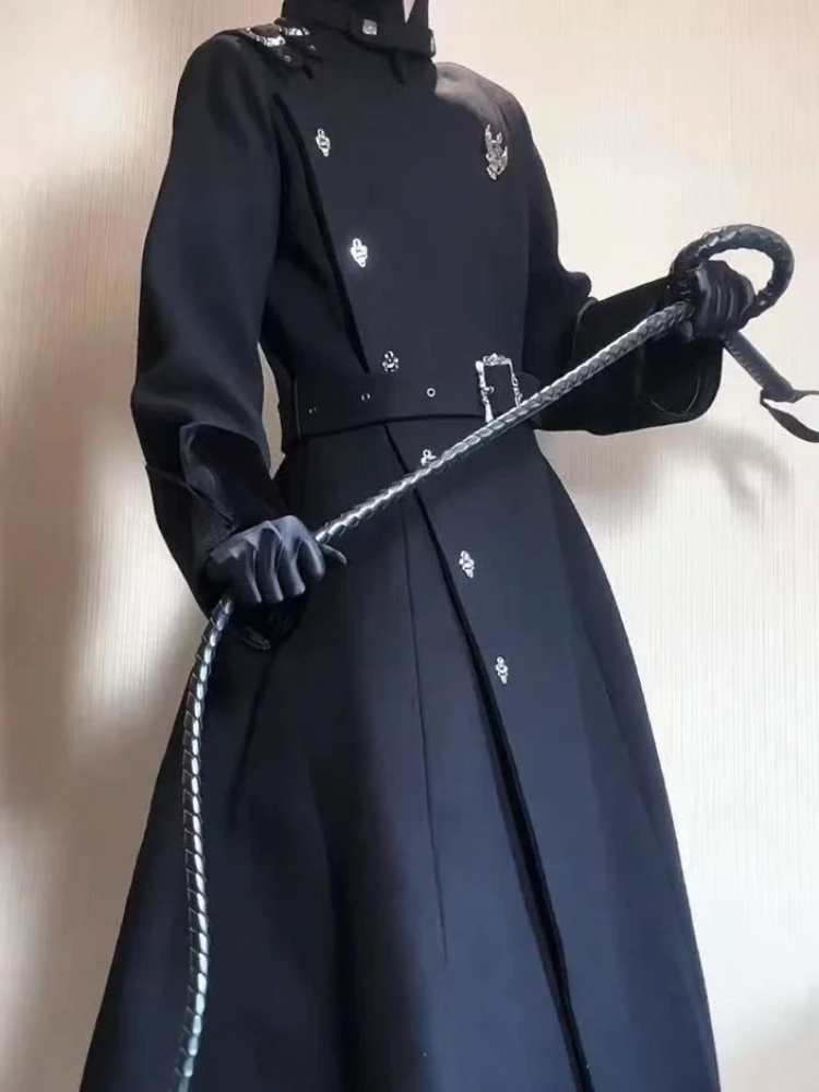2025 Winter Gothic Belted Slim Mid Length Wool Coat Black Elegant Patchwork Trench High Street Office Lady Casual Jackets New
