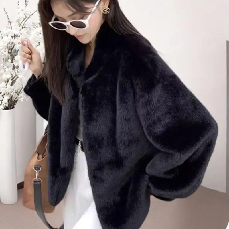 Abrigo elegante de felpa de invierno para mujer, chaqueta Retro suave con cuello levantado a la moda, abrigo de manga larga con temperamento para mantener el calor