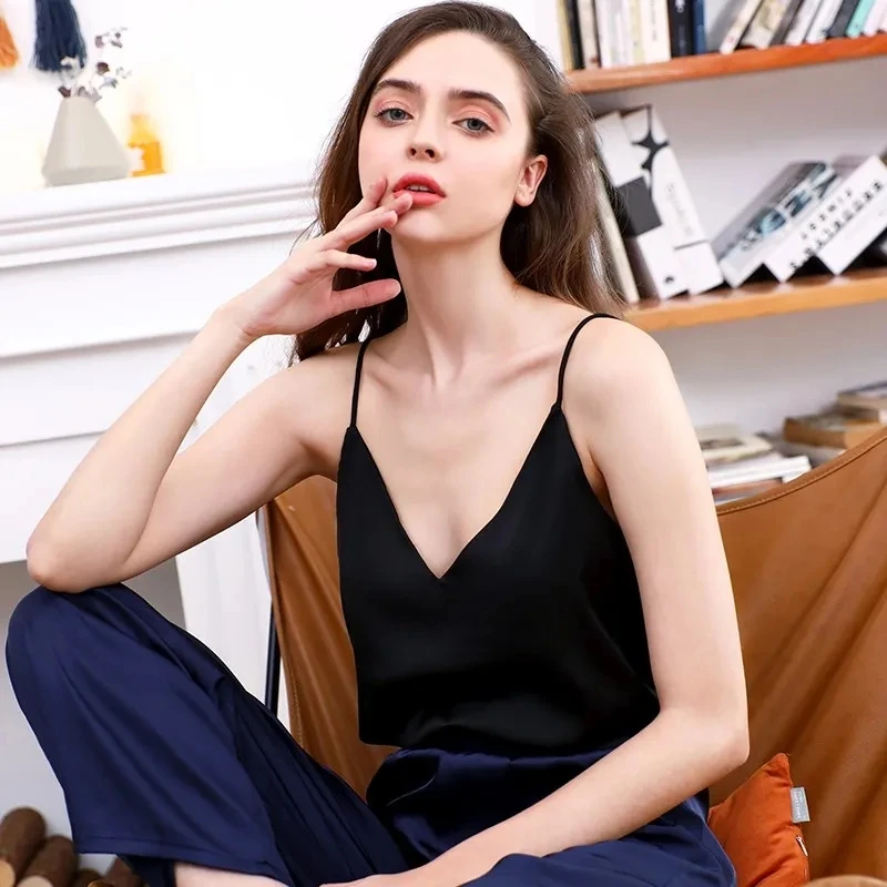 Spaghetti Strap Top Women Halter V Neck Basic White Cami Sleeveless Satin Silk Tank Tops Women Summer 2025 Camisole