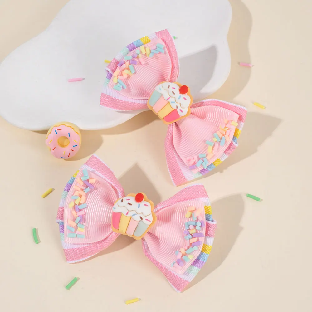 2PCS Sweet Doughnut Hair Bows With Clip Boutique Children Ribbon Bowknot Hairpin Barrette Headwear Kids Apparel Accessories