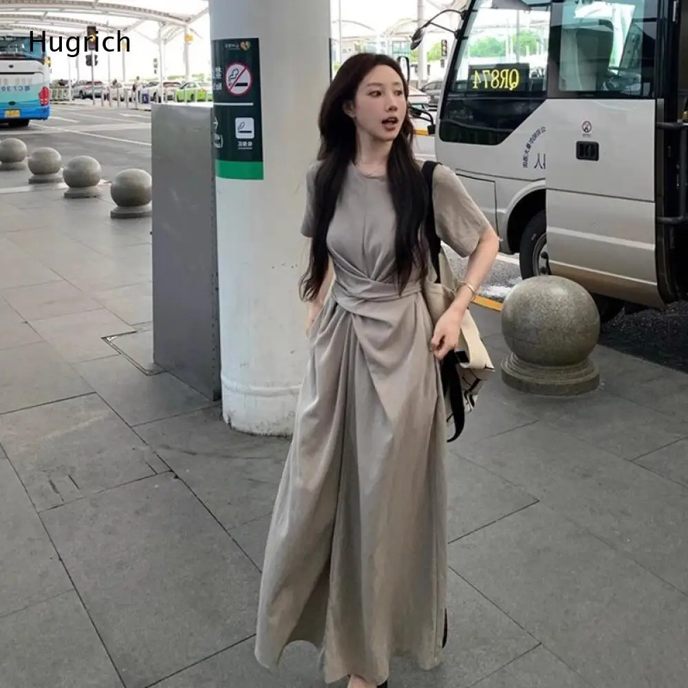 Beige Cross Waist Maxi Dress for Women Short Sleeve Crew Neck Twist Knot Loose Fit Casual Dress