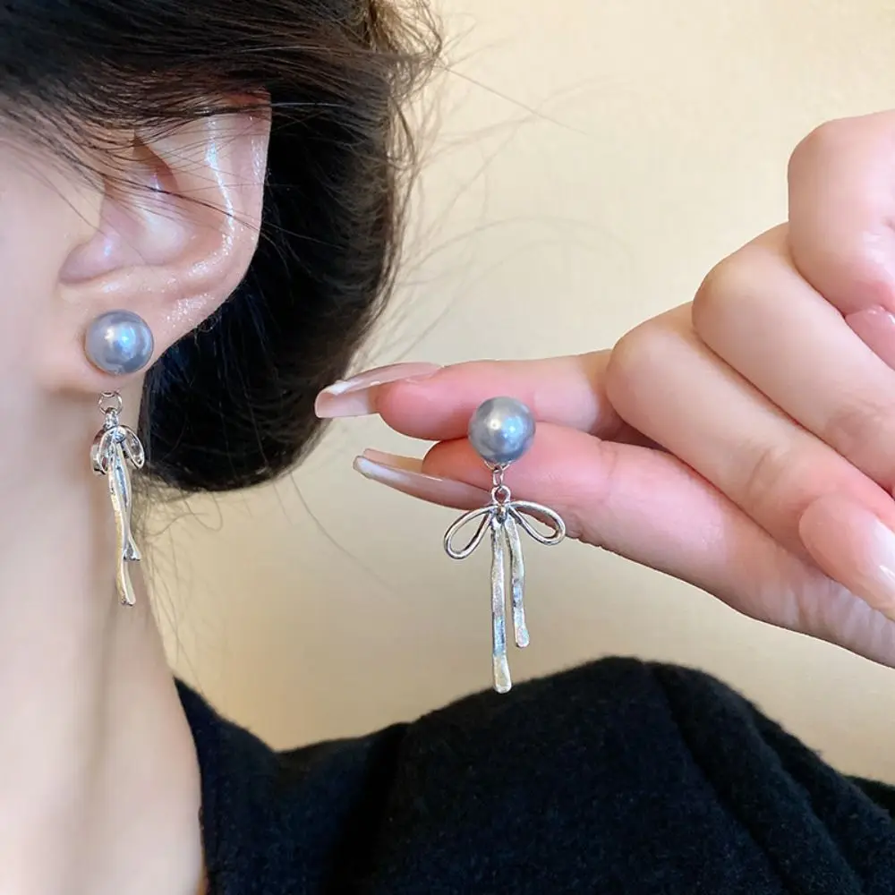 South Korea Balletcore Elegant Simple Bow Grey Pearl Long Dangle Earrings For Women Fashion Sweet Metal Jewelry Party Gifts