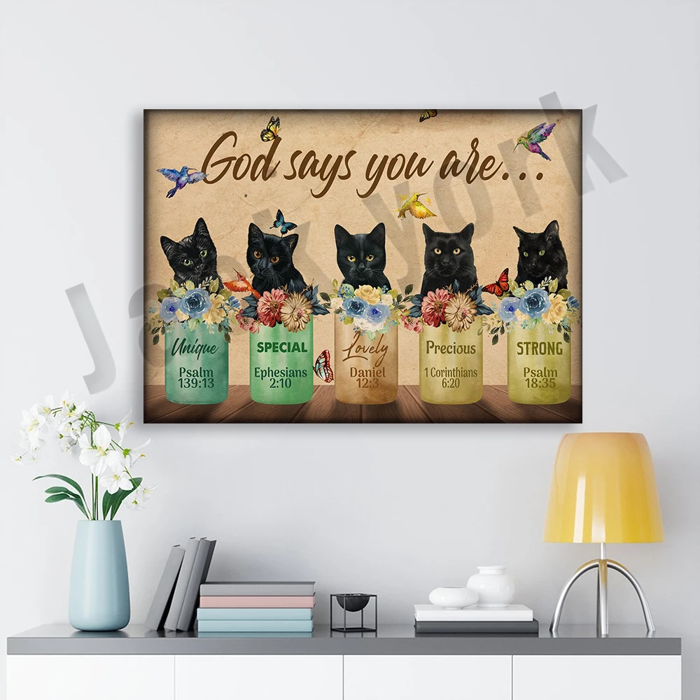 God Said You Are Unique Special Cute Precious Vintage Poster Home Life Decor Picture, Black Cat and Hummingbird Poster