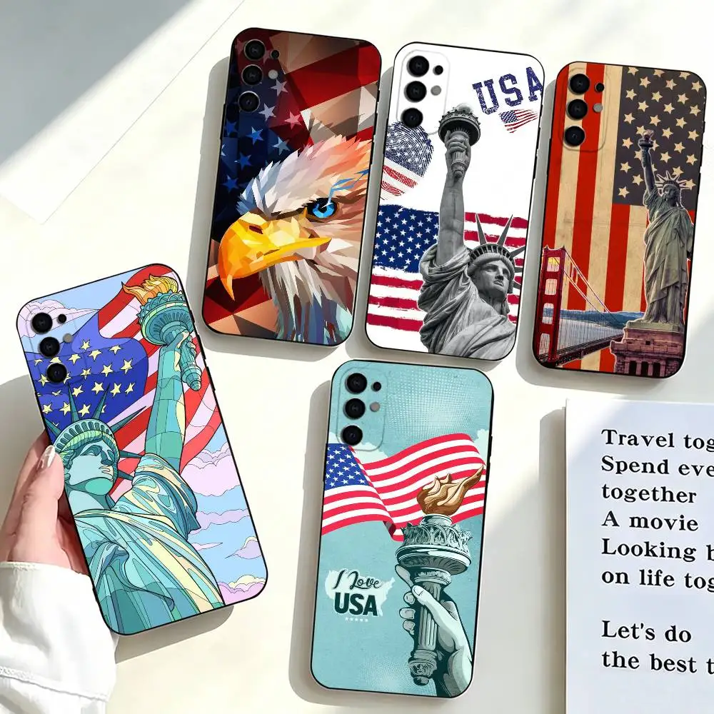America USA Flag-g Statue Liberty-y  Phone Case For Samsung S25,S24,S21,S22,S23,S30,Ultra,S20,Plus,Fe,Soft Silicone Black Cover