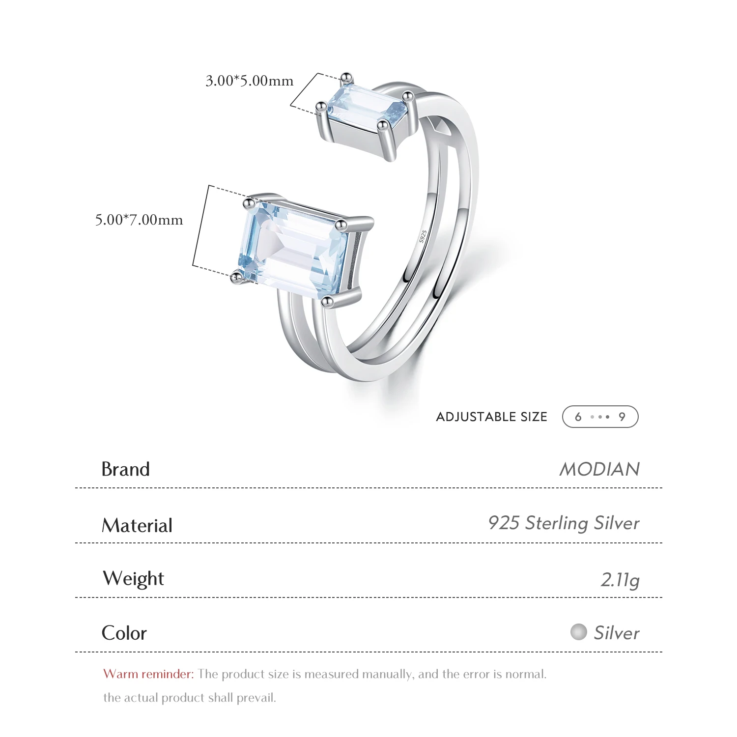 MODIAN 925 Sterling Silver Rectangle Emerald Cut Light Blue CZ Ring Delicate Adjustable Finger Ring For Women Girl Party Jewelry - view 3