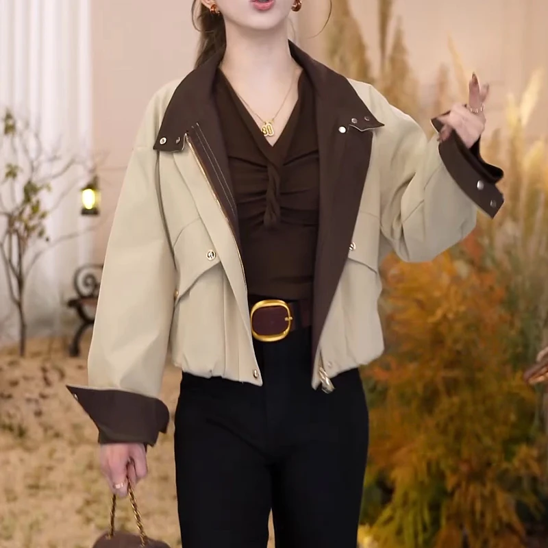 Khaki Short Women's Jacket 2026 Autumn Fashion Versatile Casual Workwear Top Polyester Fiber Universal Fit
