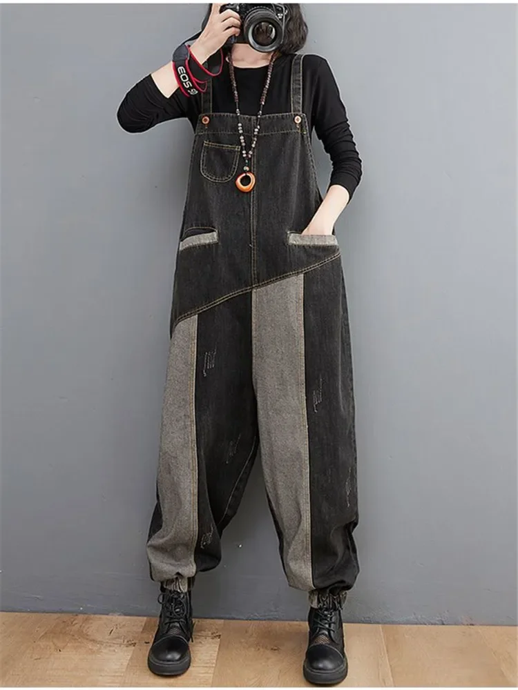 Personality Retro Color-blocked Straight Oversized Denim Overalls 2024 Women's Autumn Loose Streetwear Wide-leg Jumpsuit Tide