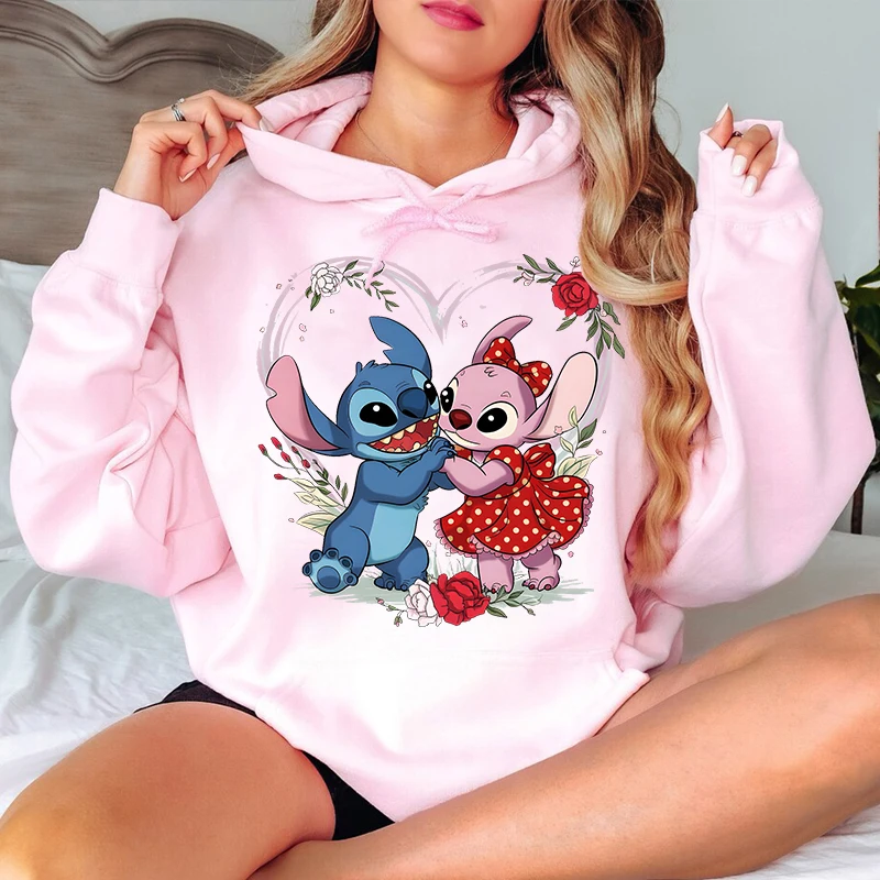 Stitch And Angel Valentine's Day Printed Hoodies Women's Casual Sweater Loose Tops Personalized Clothing Valentine's Day Gifts