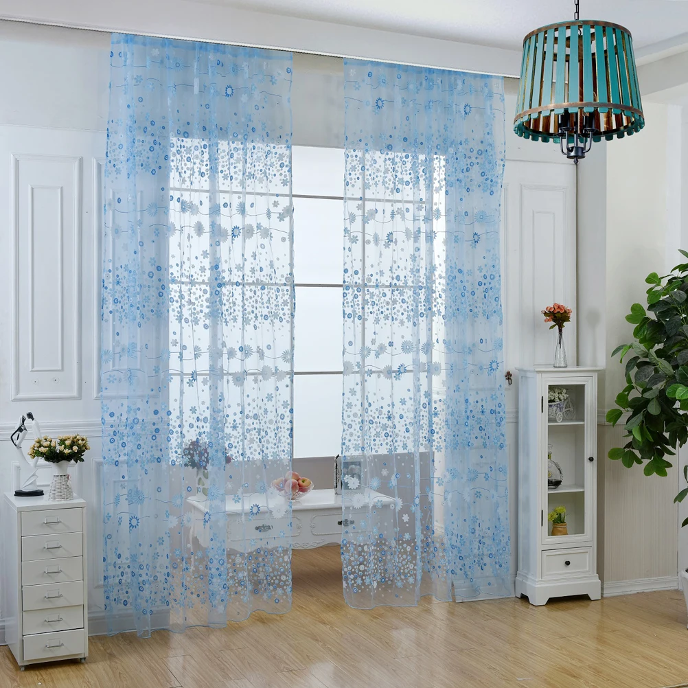

Floral Tulle Sheer Window Curtains Rod Pocket Voile 100X200Cm Sky Blue For Bedroom Living Room Elegant Transparent