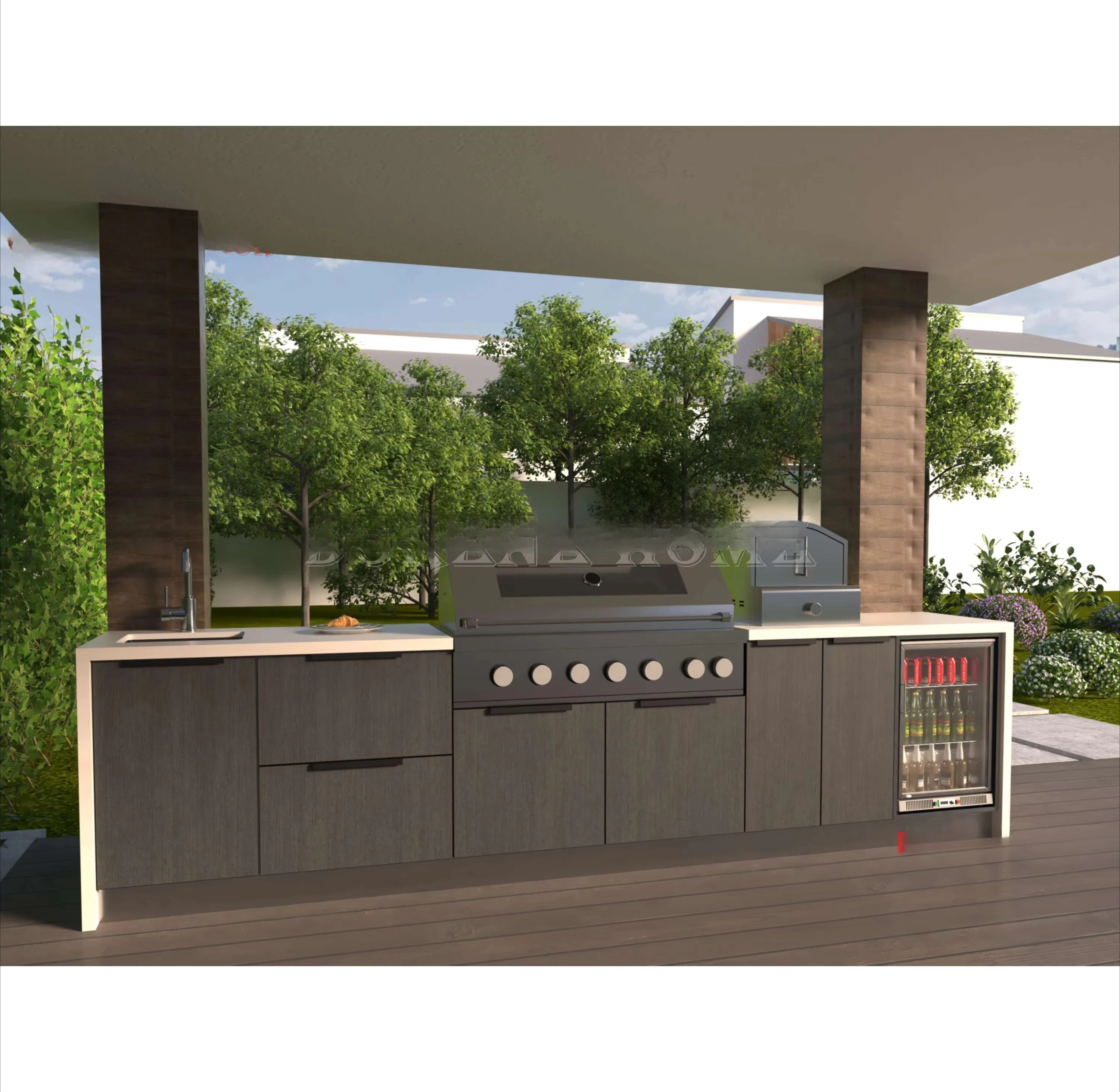 Modular outdoor cabinet stainless steel barbecue island pod with grill and sink, customizable