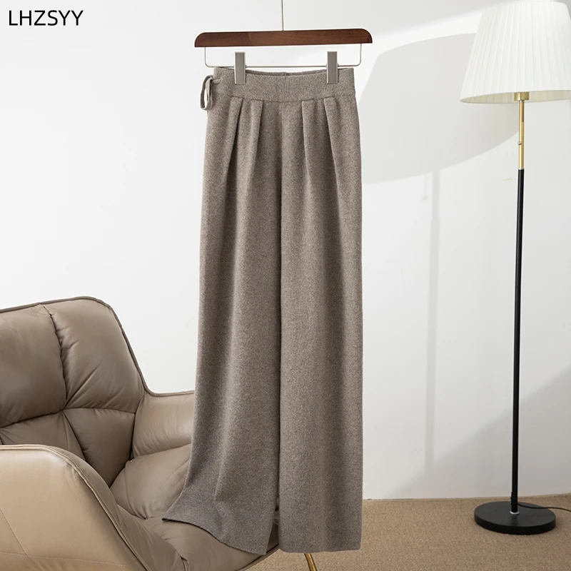 

LHZSYY 100% Australian Pure Wool Wide-Leg Pants Ladies' New Elastic Waist Knit Straight Pants Autumn Leisure Soft Warm Trousers