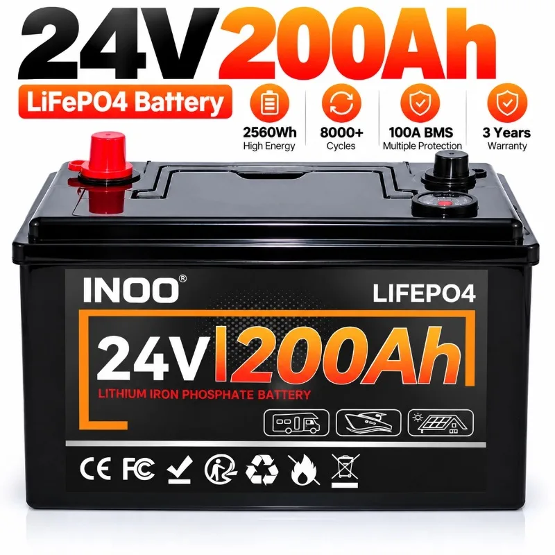 24V 200Ah LiFePO4 Deep Cycle Lithium Battery with BMS 8000+ Cycles Rechargeable Battery for Solar Energy Storage RV Boat UPS