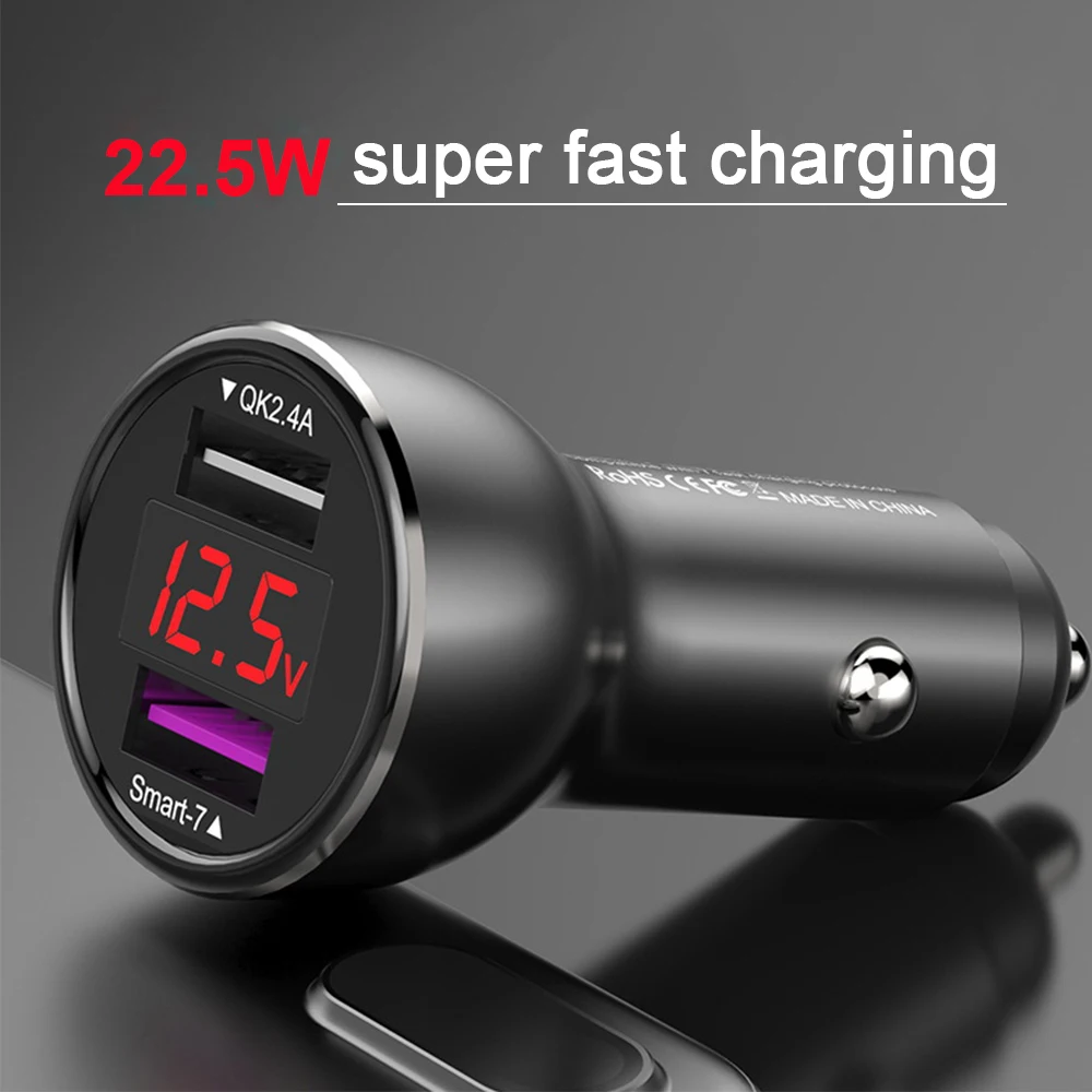 Universal 22.5W Car Fast Charger Metal Dual USB Quick Car Auto Mobile Phone Charge 3.0 /2.0USB Car Phone Charger 12V/24V