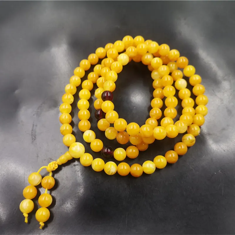 Cheap Jade 8mm108Yellow Chicken Grease Old Beeswax Ball Bracelet Winding Imitation Beeswax Bracelet