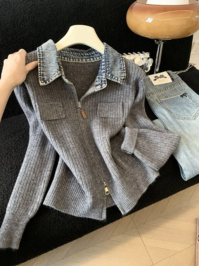 

Джинсовый вязаный свитер с длинными рукавами и двойной молнией с лацканами для женщин, нишевый возрастной топ с темпераментом