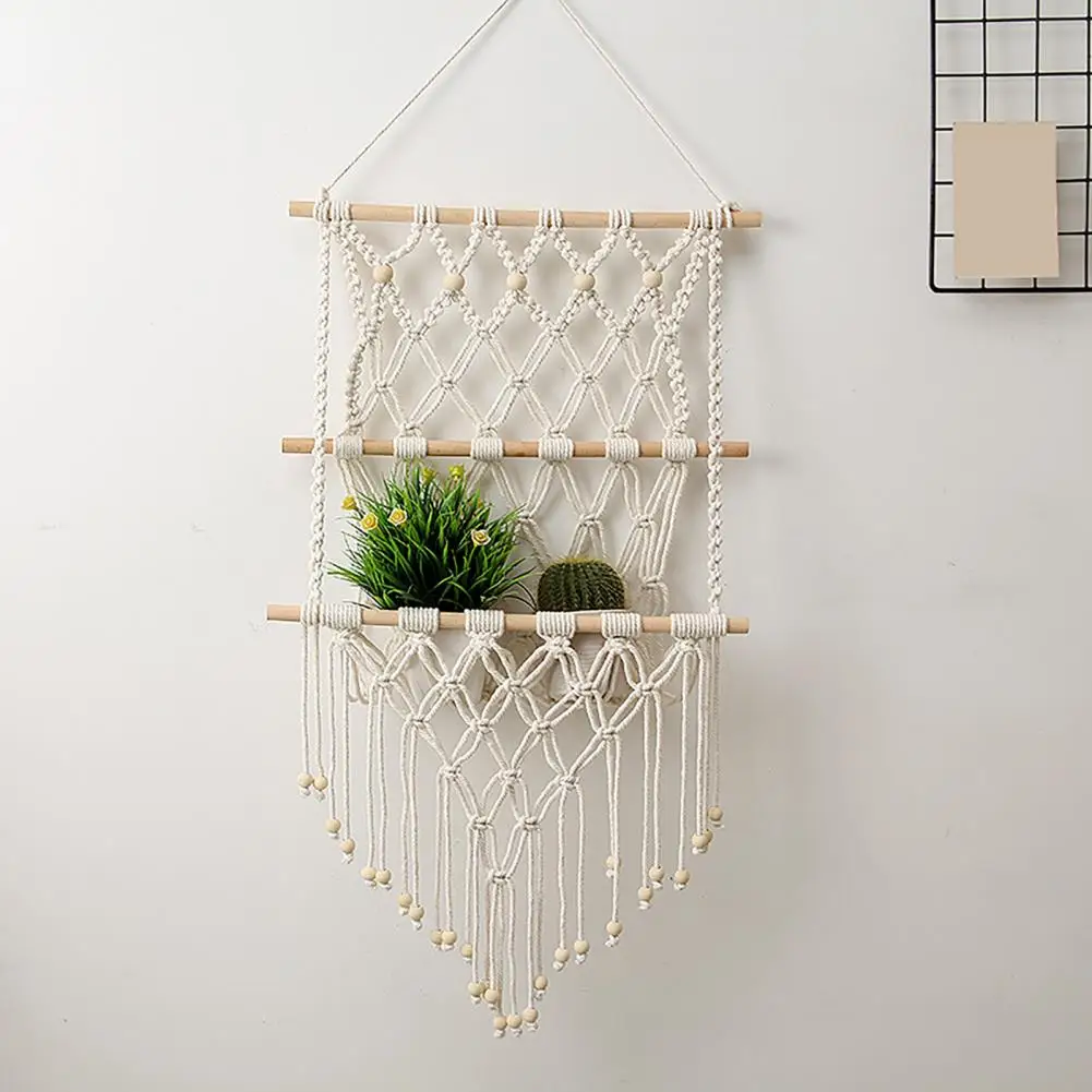 Tassel Accent Tapestry Bohemian Braided Tapestry Wall Hanging Organizer Knotted Rope Magazine Holder Geometric Woven for Bedroom
