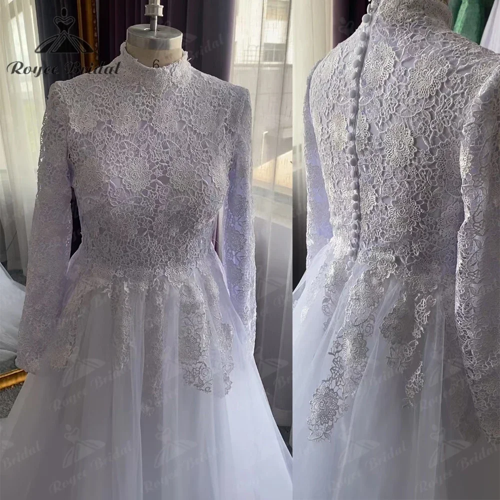 Roycebridal فساتين زفاف بوهو أنيقة بأكمام طويلة من الدانتيل تول على شكل حرف a زي العرائس برقبة عالية فستان عروس فيستدو دي نوفيا