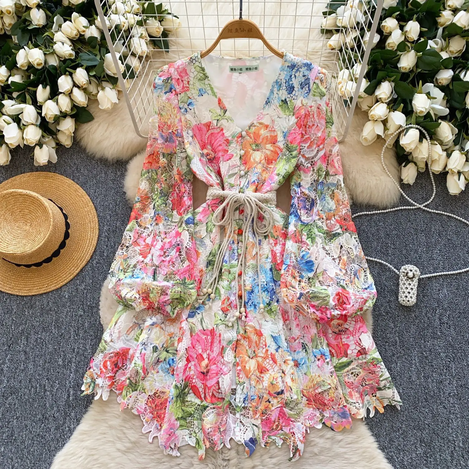 

Floral Mid Length Dress Women Dresses A Line Vestidos V Neck Full Sleeve Print High Waist Party Elegant Night Y2k Streetwear
