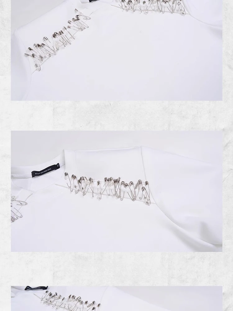 Fashion High-end Solid Color Pin Short-sleeve Tops Men's 2025 Summer New Niche Design Tees Boys Shoulder Pad Round Neck T-shirts