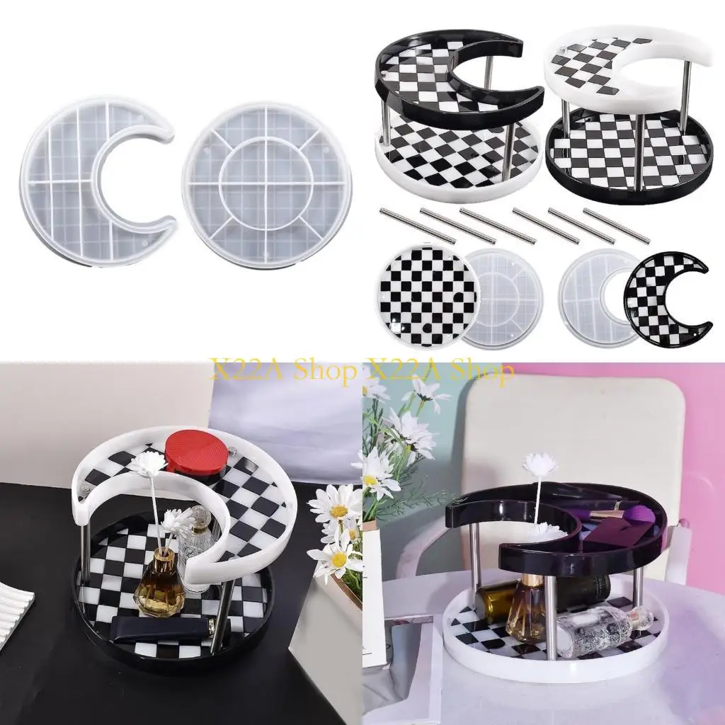 Unique 2 Tier Jewelry Tray Resin Mold Epoxy Resin Moon/Round Mold for DIY Lipstick Storage Home Decors