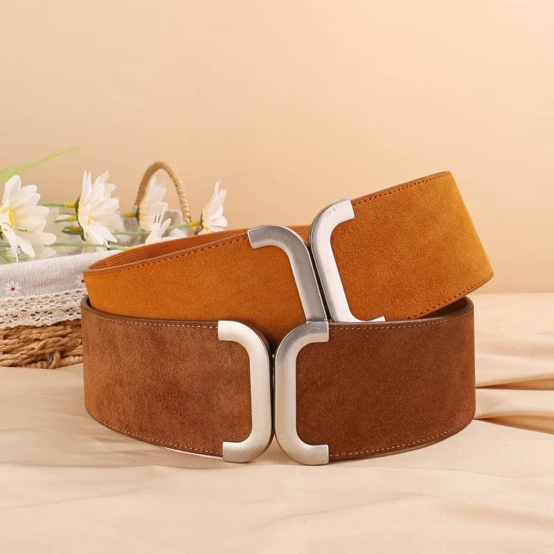 Fashion Women’s Elastic Belt Genuine Leather Cowhide Suede Wide Waist Cinch Stretch Belt for Dress Overcoat Decoration