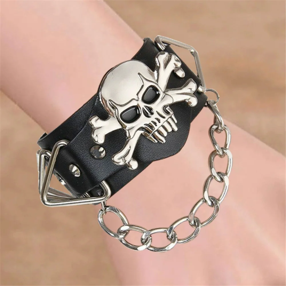 2025 Jewelry Handmade Weave Pu Leather Skull Bracelet Women Men Vintage Cuff Wide Leather Rivet Bracelet