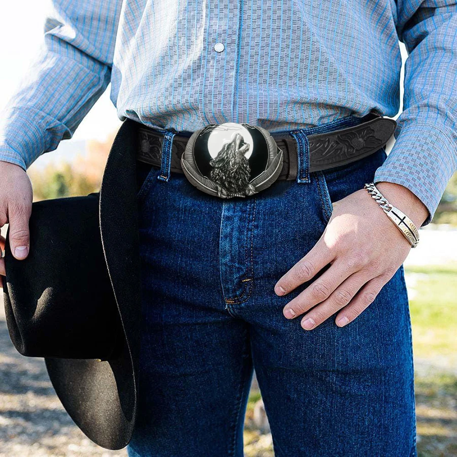Western Men's Denim Belt Retro Belt Wolf Head Red moon moon Belt Buckle Hip-Hop Personality Retro Style Unisex Matching Jeans/CA