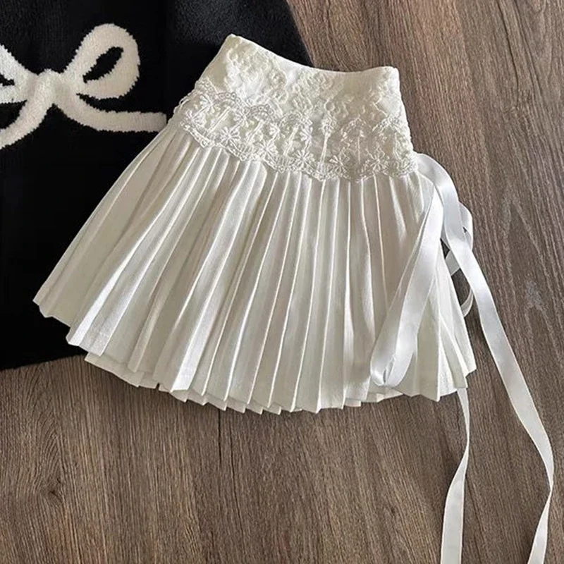 

Y2K Lace Up Mini Skirts Women Korean Fashion High Waist Preppy Lace Patchwork Pleated Skirt Sweet Lolita A Line Faldas Mujer