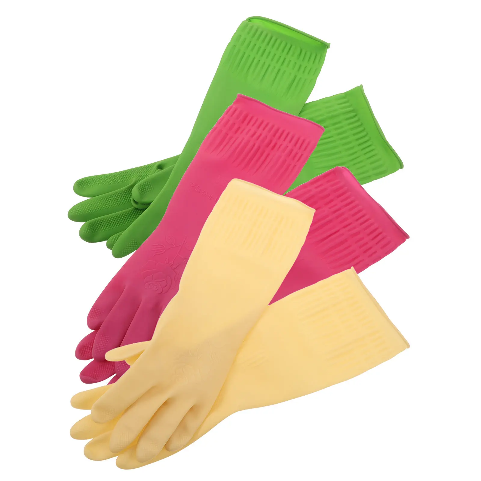 3 Pairs Heavy-Duty Reusable Latex Dishwashing Gloves – Waterproof, Long Cuff, Non-Slip Kitchen Cleaning Gloves