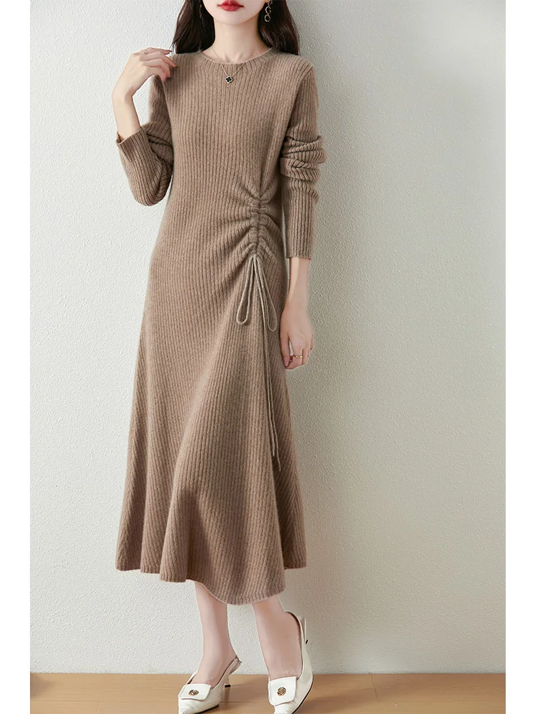 Women's Pure Wool Knitted Dress, Drawstring, Lace-Up, Long Skirt, Casual, Fashionable, Warm, 2024 Autumn/Winter