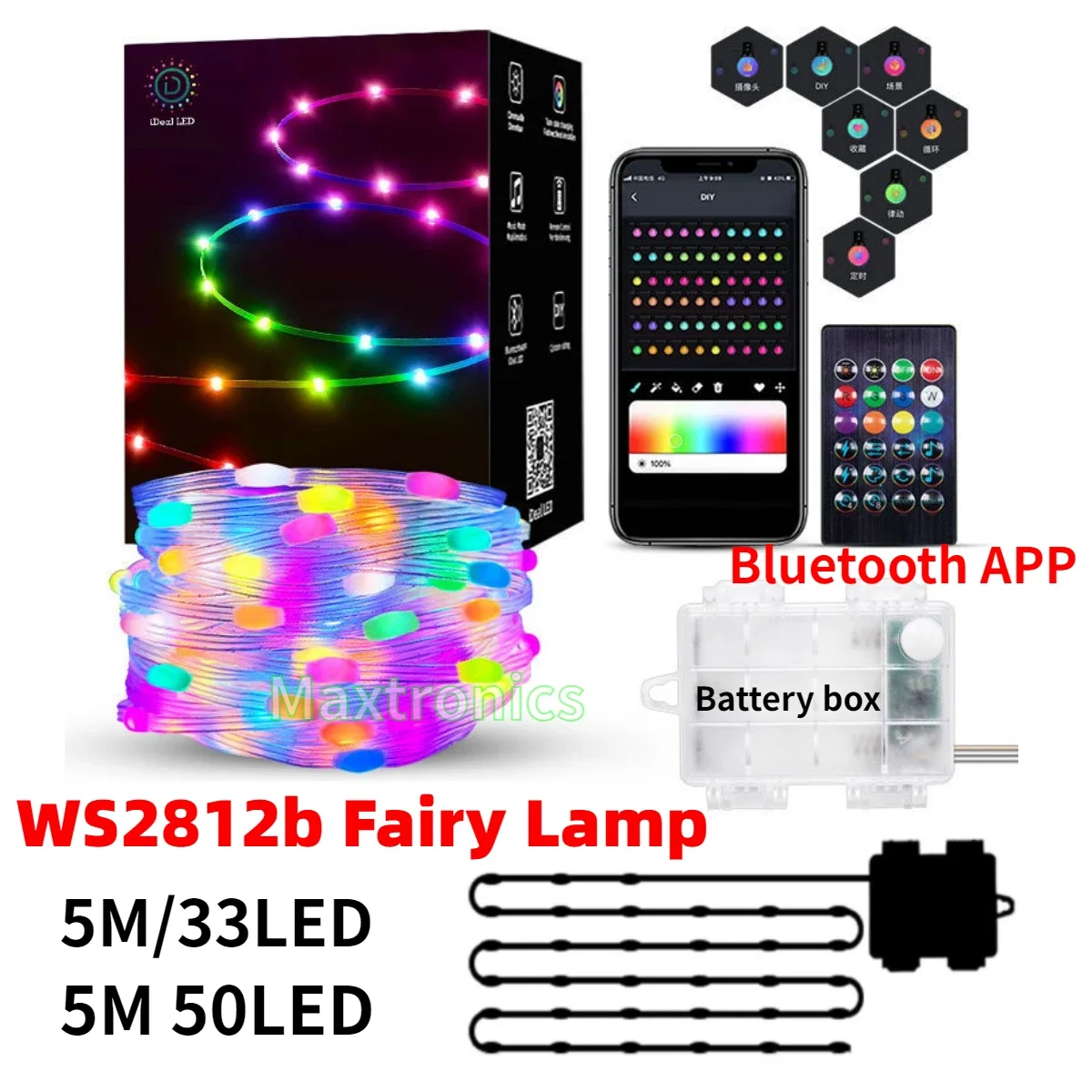 5M WS2812b RGB Fairy Lamp Bluetooth APP Control Battery Box per campeggio impermeabile LED String Lamp Christmas Atmosphere Decor