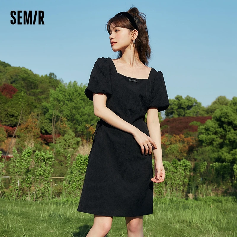 Semir Dress Women Texture Plaid Square Collar Dress 2023 Summer New Puff Sleeves Waistless Little Black Dress Sweet and Cool