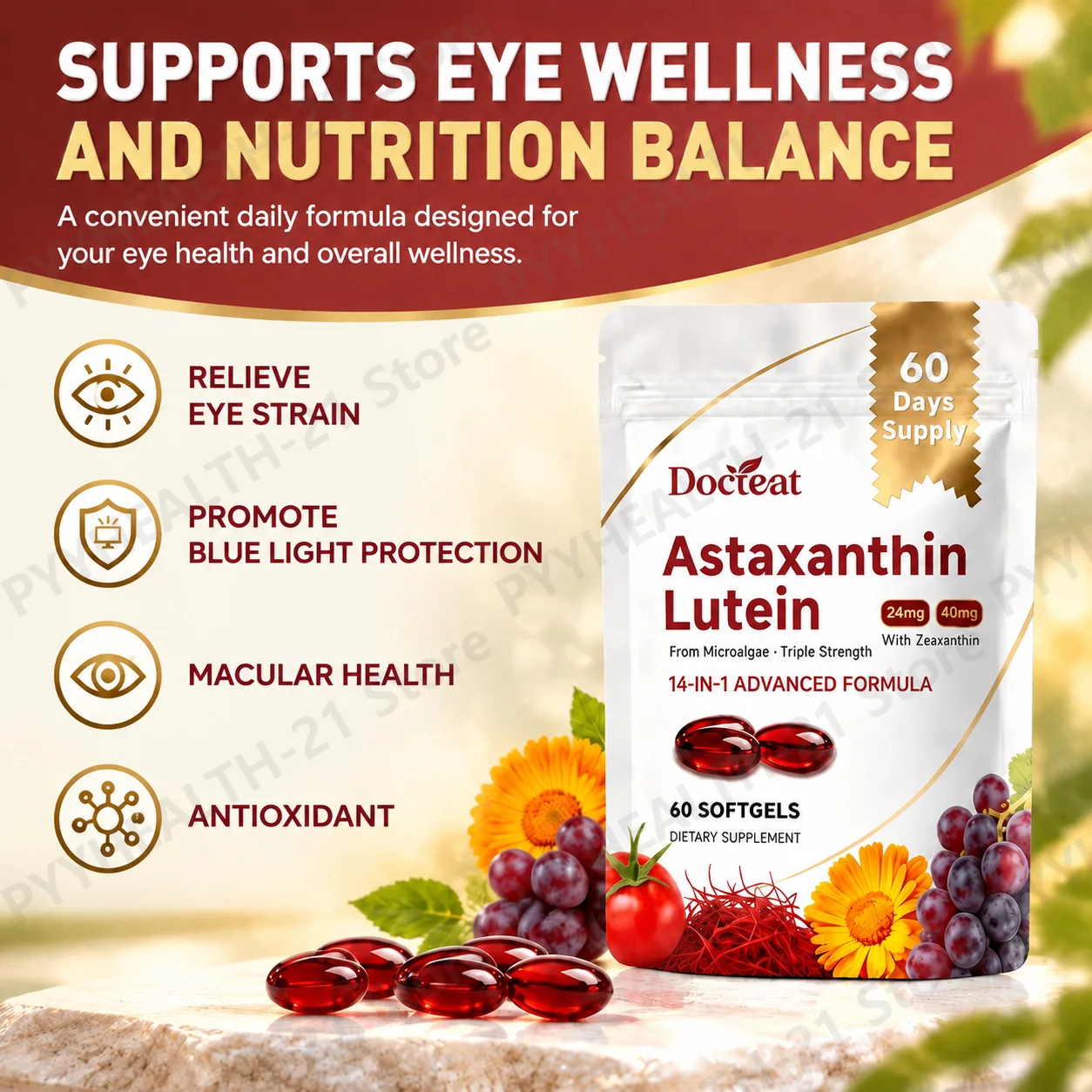 Astaxanthin Lutein Softgels Relieve Eye Strain Promote Blue Light Protection Macular Health Antioxidant 60pcs for Screen Fatigue