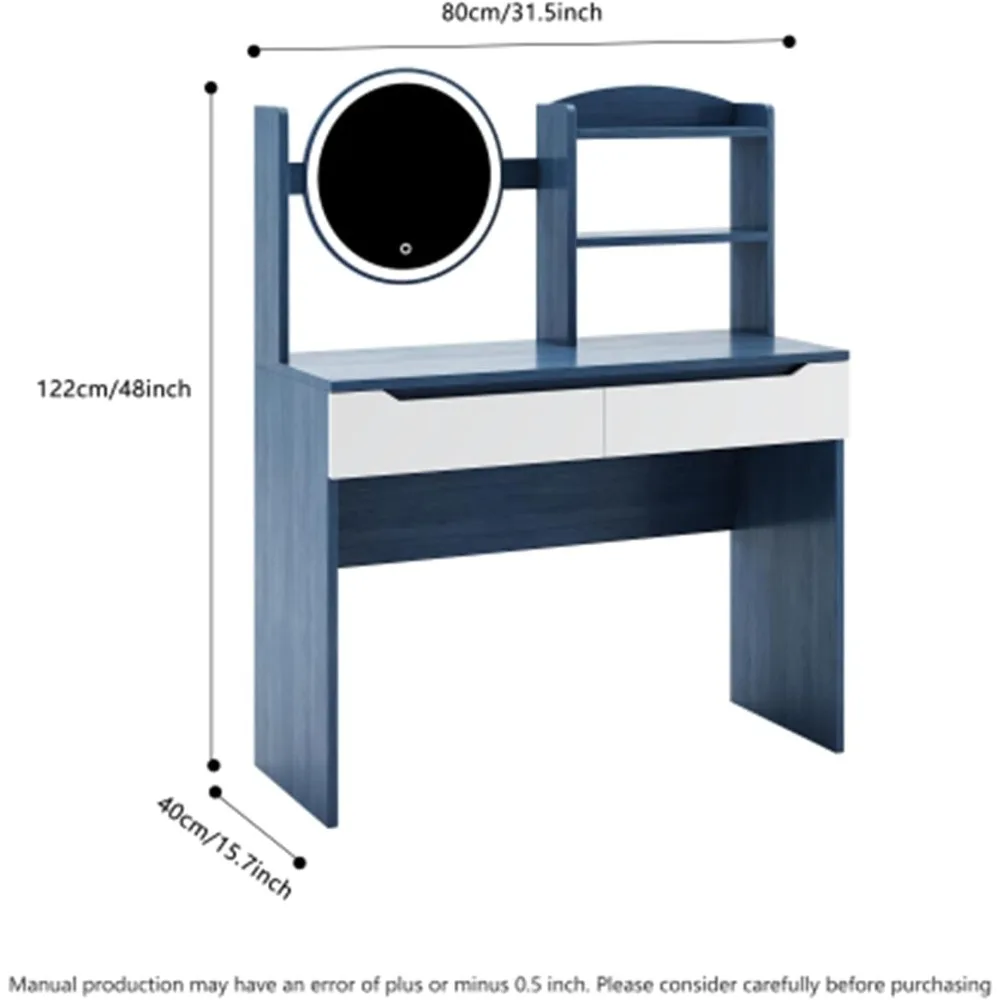 طاولة زينة خشبية، طاولة مع مرآة مكياج عالية الوضوح، درجين، أثاث غرفة نوم، غرفة نوم شقة، أزرق