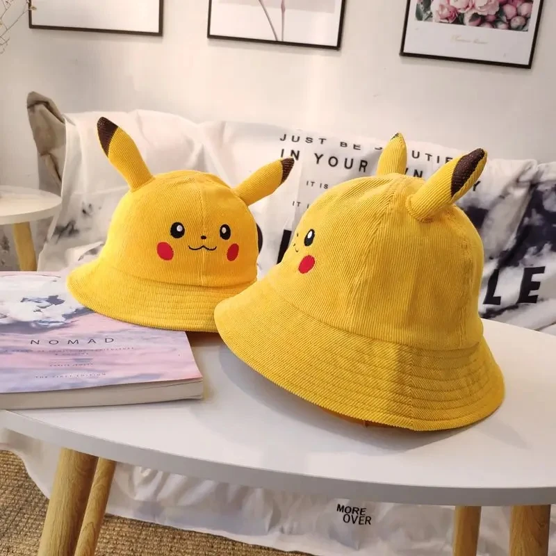 Anime Pikachu Bucket Hat Sun Hat with Ear Cute Cartoon Wide Brim Fisherman Beach Outdoor Baseball Hat Cap for Adult Kids Child