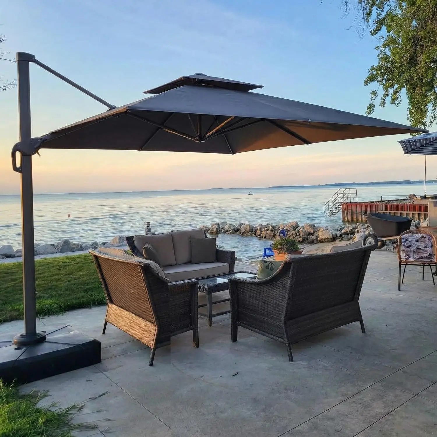 Outdoor Patio Umbrella - 10ft Cantilever Umbrella for Patio Heavy Duty Offset Umbrellas with Stand, 360 Rotation Double Top Larg