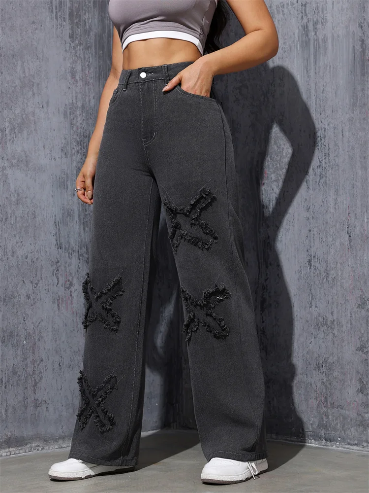 

Personality X X Atterned Pants Street Slim Grey Jeans Washed Id-Waist Straight Pants Spring Summer