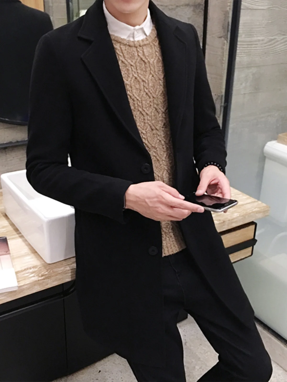 معطف صوفي عصري للرجال متوسط الطول سميك للخريف والشتاء أنيق مقاوم للرياح بأسلوب شبابي كاجوال بإغلاق بزر واحد #4