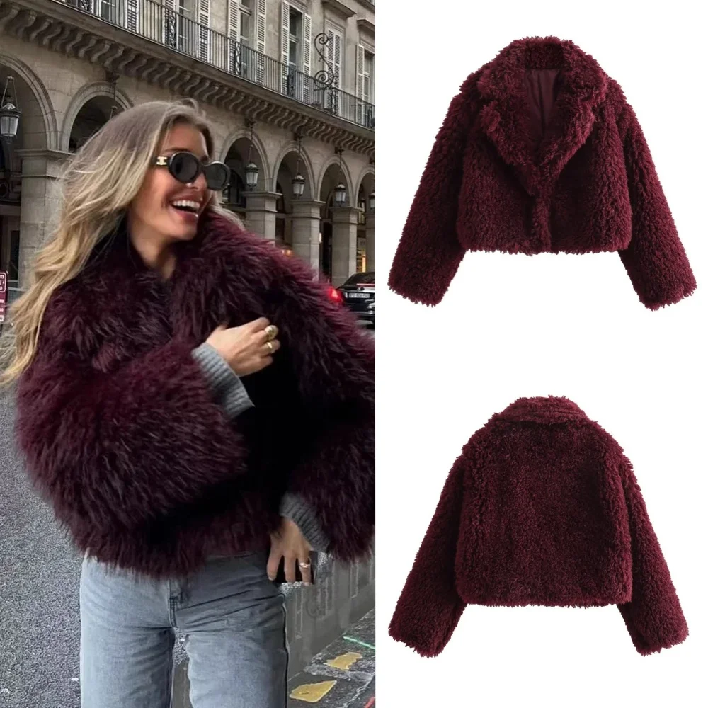 2024 Autumn Winter Women Casual Artificial Wool Jackets Fashion Streetwear Solid Turn Down Collar Warm Oversized Thick Coats