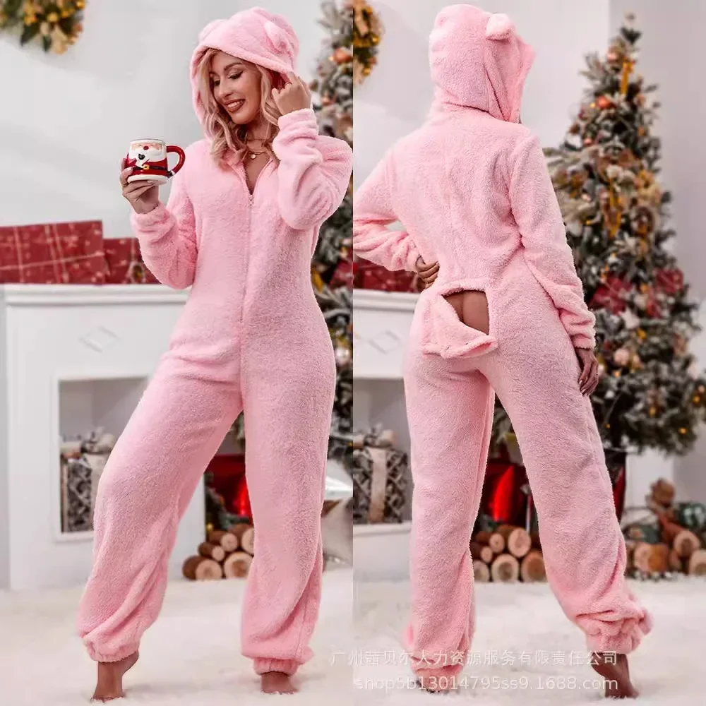 Uzun kollu kapüşonlu pantolon tulum ev tekstili pijama tulumlar kadınlar sonbahar kış peluş Loungewear pijama tulum kıyafetler