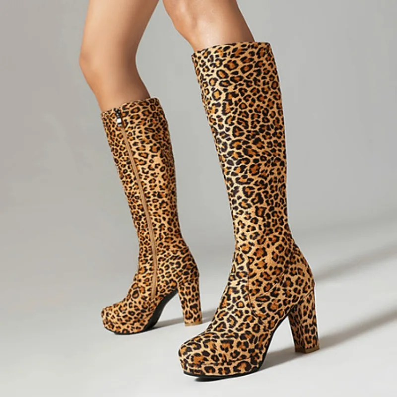 

Женские сапоги до колена на платформе, на высоком квадратном каблуке, женские сапоги до середины икры из искусственной кожи с круглым носком, вечерние женские туфли, черный леопардовый цвет