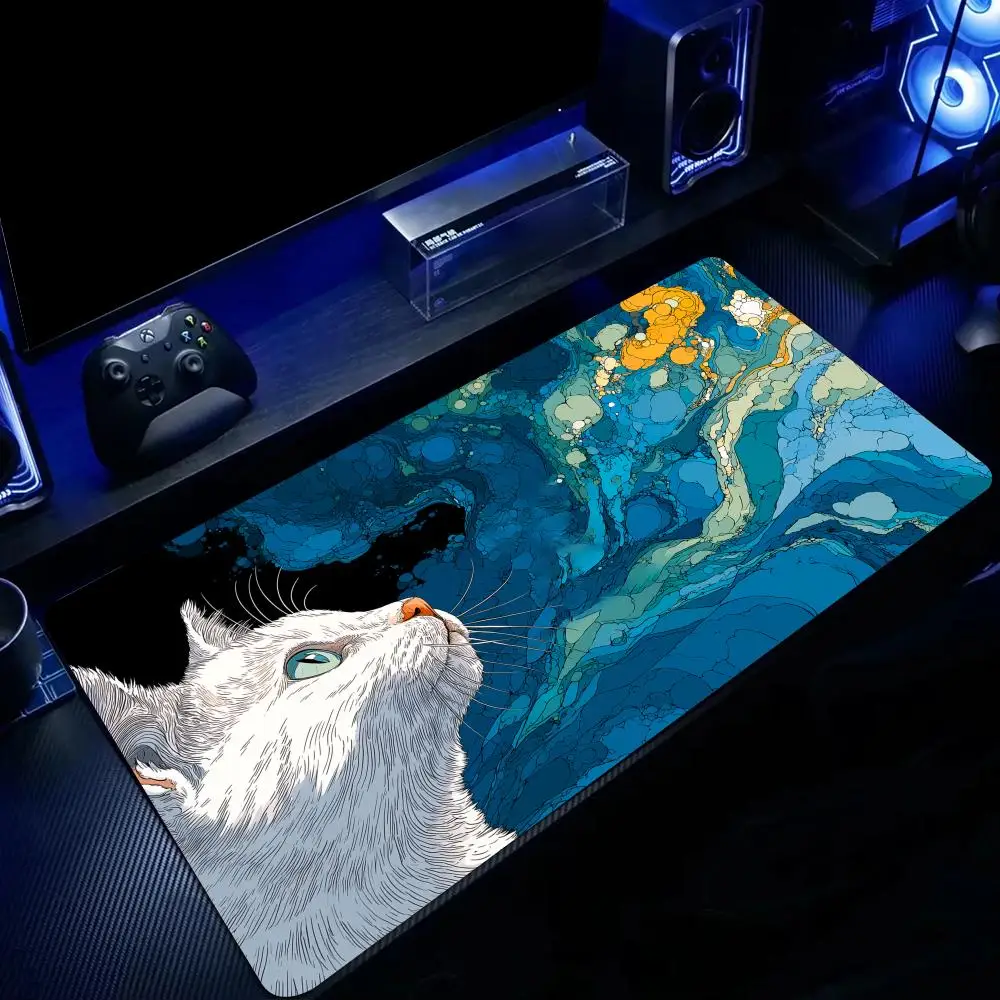 

Art Aesthetic White Cat Illustration Design Mouse Pad Desk Mat Non-Slip Stitched Edge office mat Gaming pad Computer mousepads